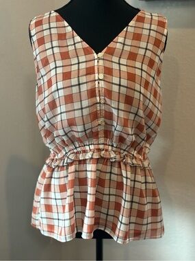 Ann Taylor Factory Orange White and Black Checkered Top